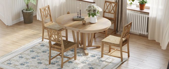 TOPMAX Rustic 5-Piece Extendable Dining Table Set Round Trestle Table and 4 Cross Back Dining Chairs for Kitchen, Dining Room, Natural