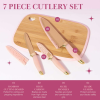 Paris Hilton 7-Piece Reversible Bamboo Heart Cutting Board and Stainless Steel Cutlery Set, Pink