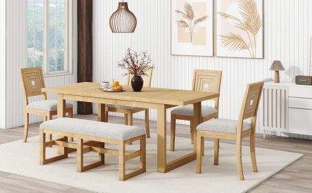 TOPMAX Modern 78inch 6-Piece Extendable Dining Table Set, 4 Upholstered Dining Chairs and Dining Bench, 18" Butterfly Leaf, Natural