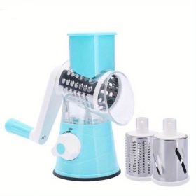 Vegetable Slicer, 3 in 1 Round Veggie Chopper Fruit Cutter Cheese Shredder Rotary Drum Grater with 3 Stainless Steel Blades (Color: Blue)